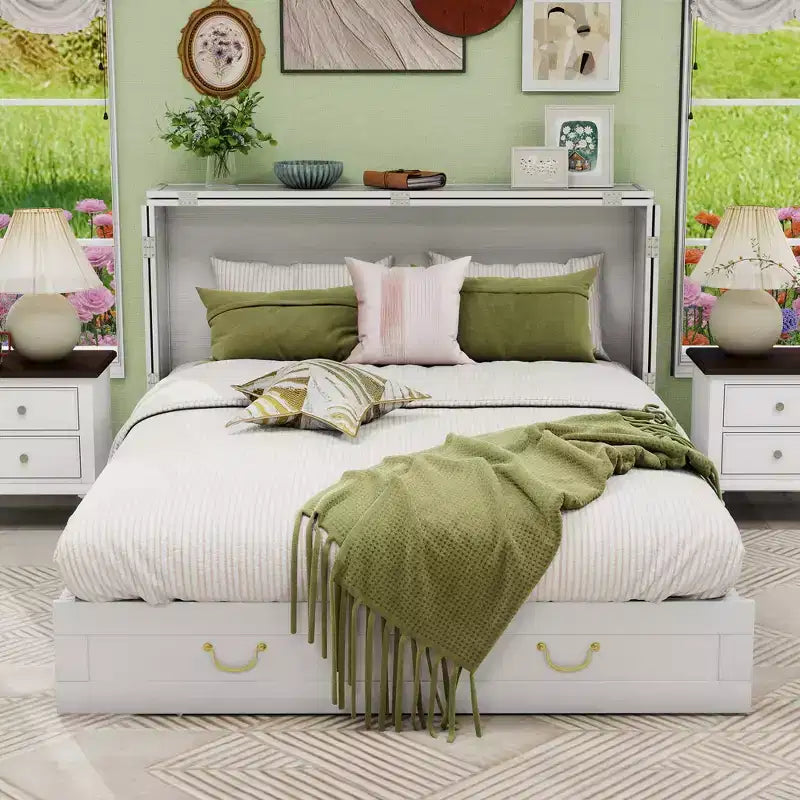 Solid Wood Frame Queen Murphy Bed with 2 Storage Drawers