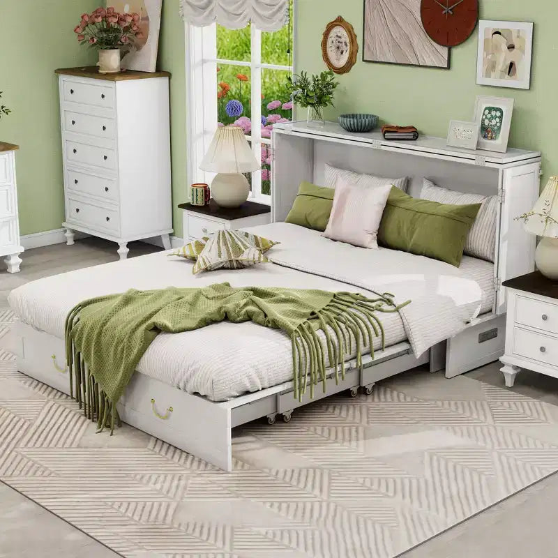 Solid Wood Frame Queen Murphy Bed with 2 Storage Drawers