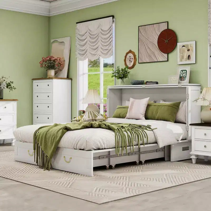 Solid Wood Frame Queen Murphy Bed with 2 Storage Drawers