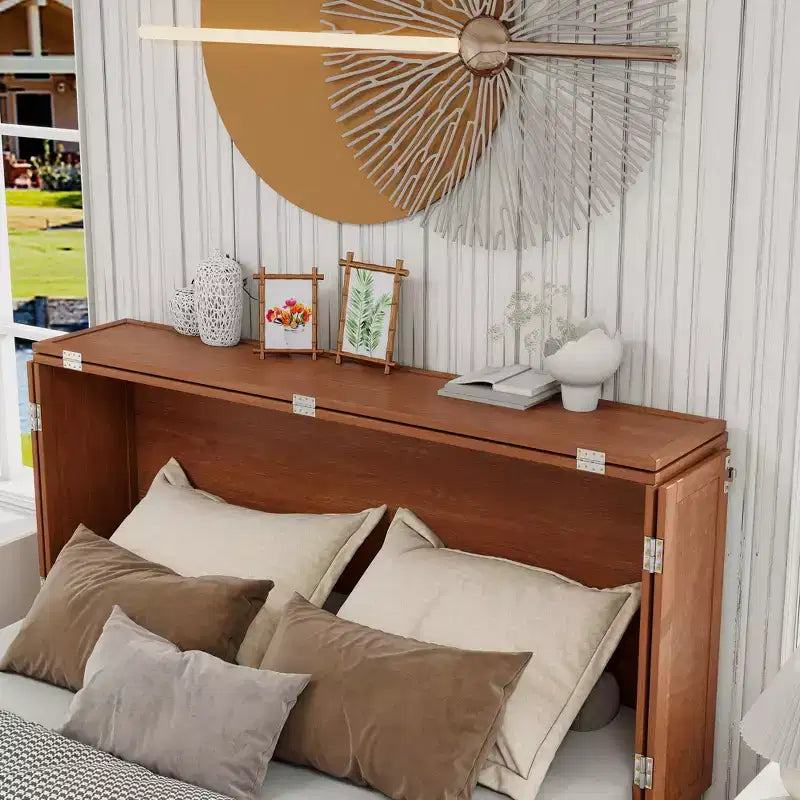 Solid Wood Frame Queen Murphy Bed with 2 Storage Drawers