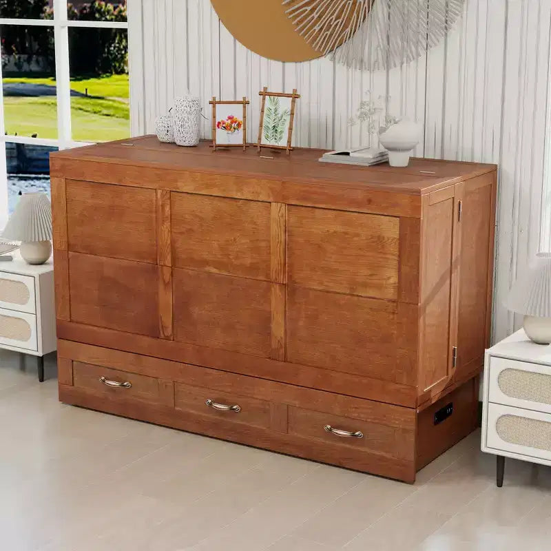 Solid Wood Frame Queen Murphy Bed with 2 Storage Drawers