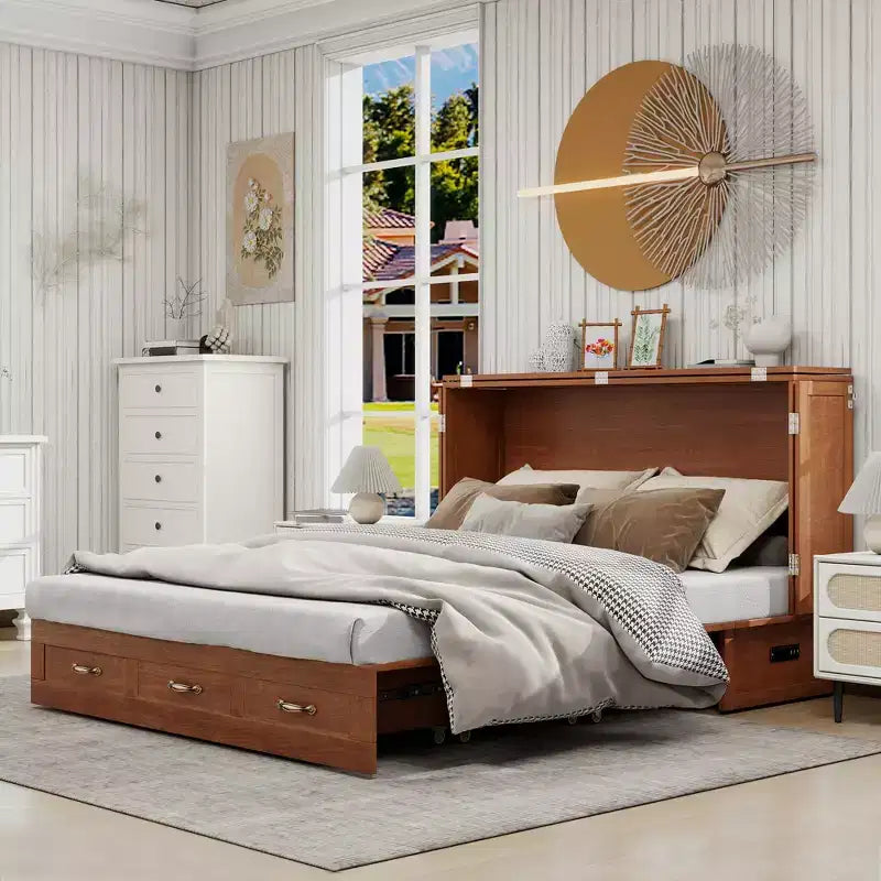 Solid Wood Frame Queen Murphy Bed with 2 Storage Drawers