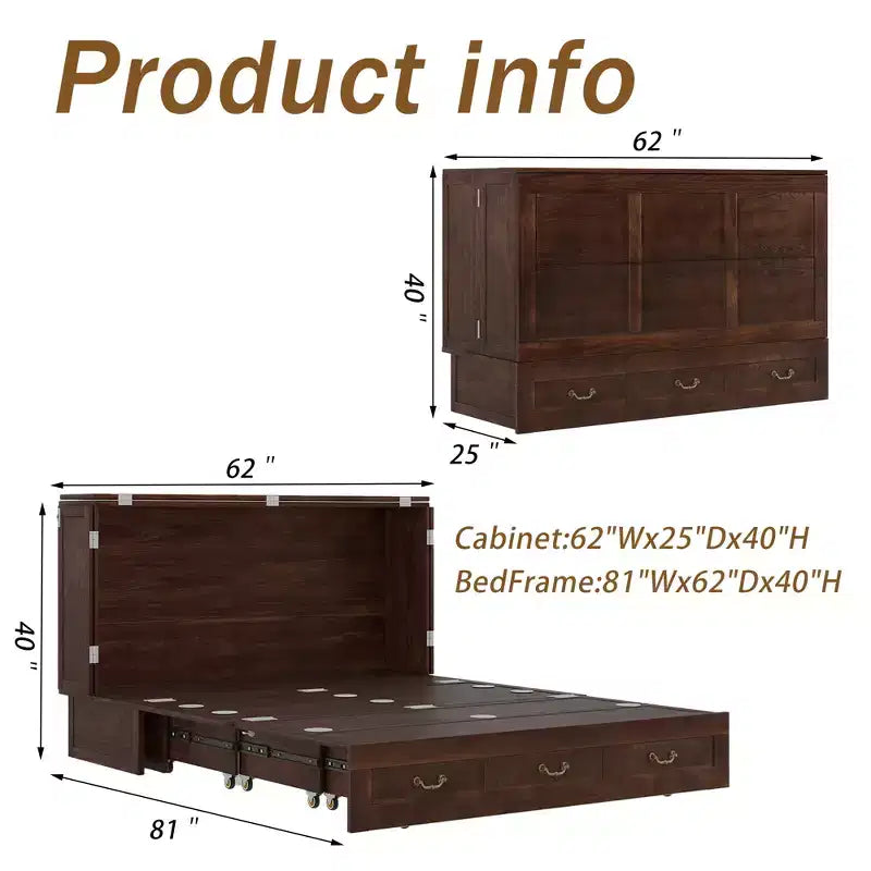 Solid Wood Frame Queen Murphy Bed with 2 Storage Drawers