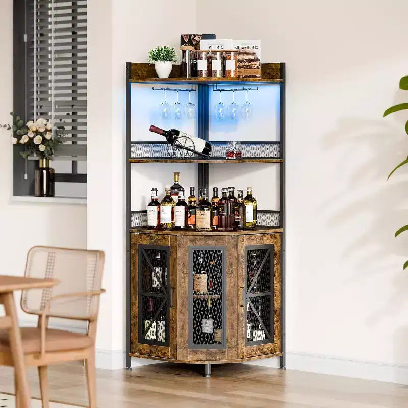 64" 5-Tier Corner Bar Cabinet with LED Strip, Power Outlet and Glass Holder