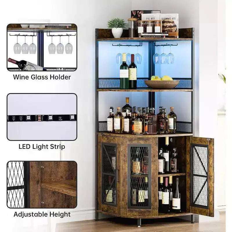 64" 5-Tier Corner Bar Cabinet with LED Strip, Power Outlet and Glass Holder