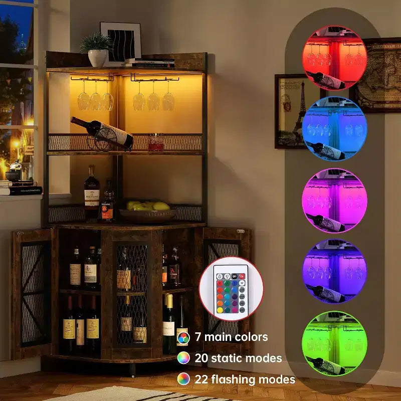 64" 5-Tier Corner Bar Cabinet with LED Strip, Power Outlet and Glass Holder