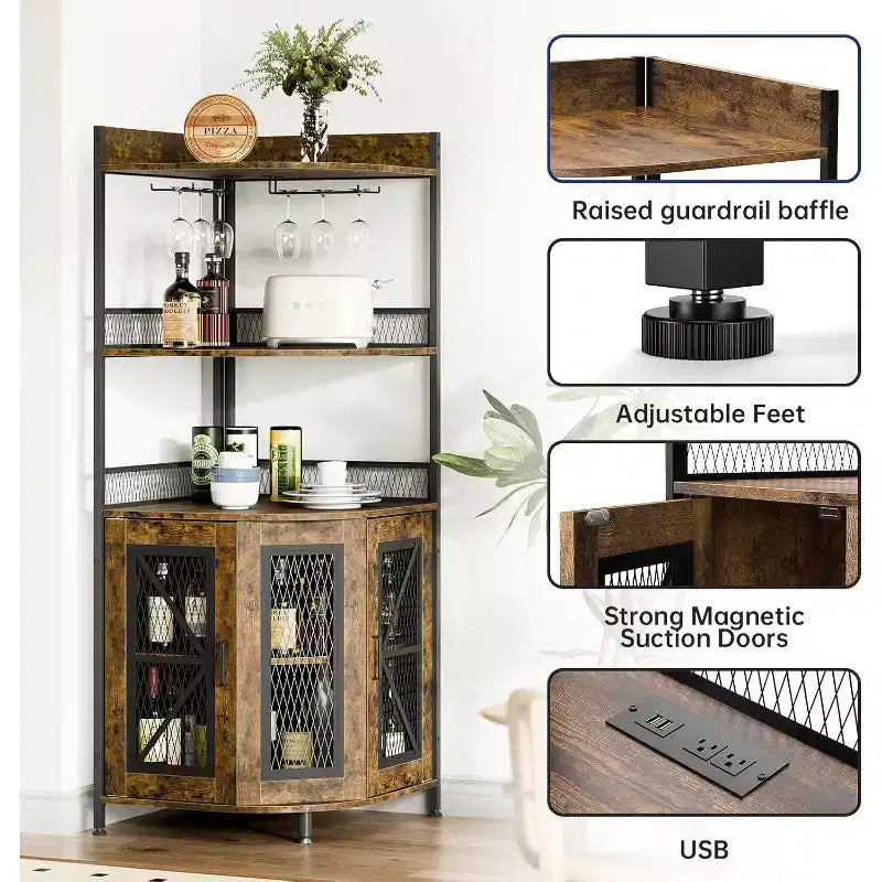 64" 5-Tier Corner Bar Cabinet with LED Strip, Power Outlet and Glass Holder