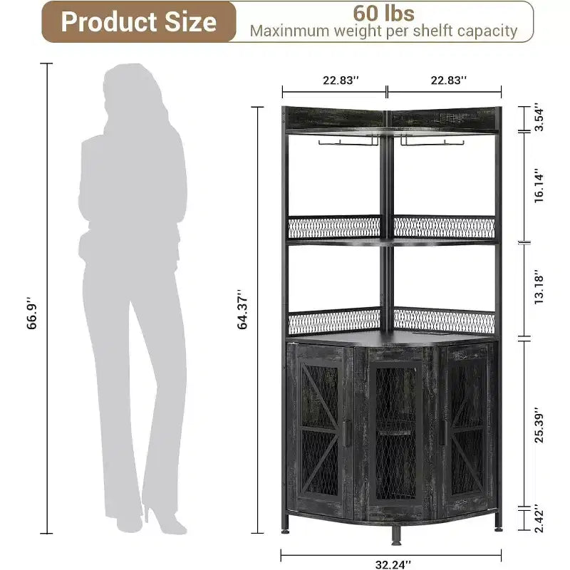 64" 5-Tier Corner Bar Cabinet with LED Strip, Power Outlet and Glass Holder