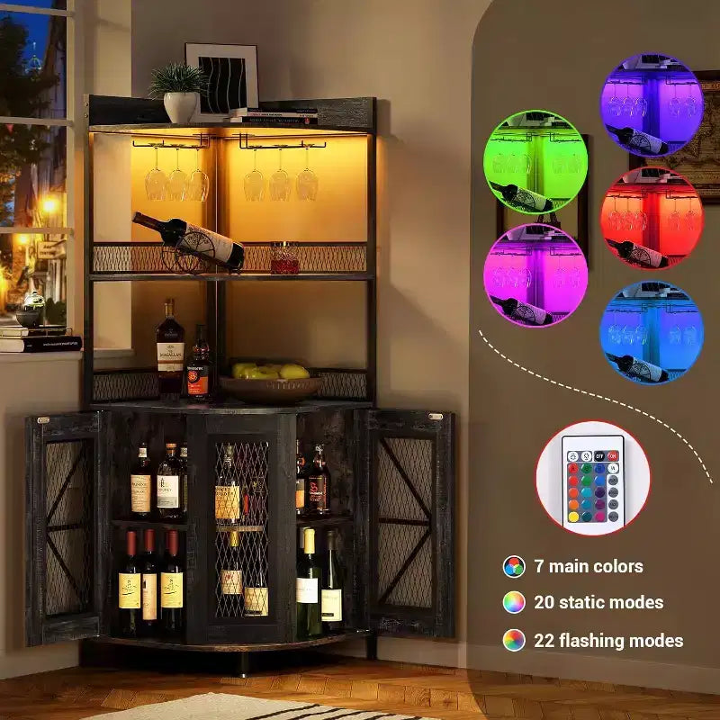 64" 5-Tier Corner Bar Cabinet with LED Strip, Power Outlet and Glass Holder