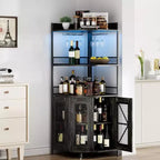 64" 5-Tier Corner Bar Cabinet with LED Strip, Power Outlet and Glass Holder