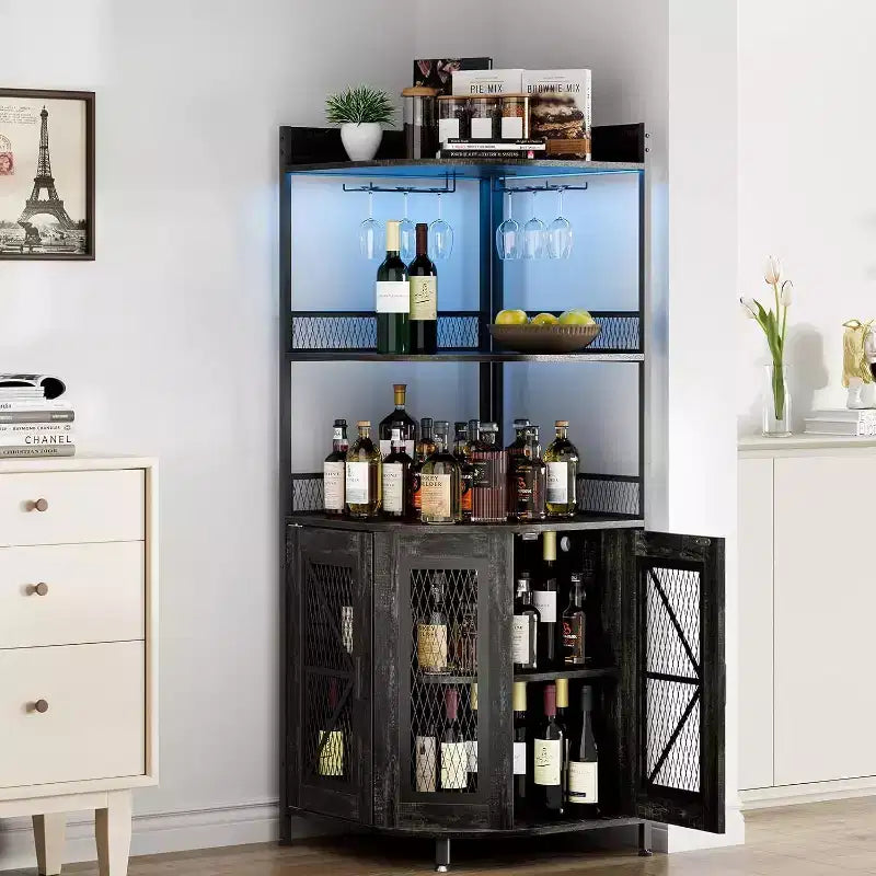 64" 5-Tier Corner Bar Cabinet with LED Strip, Power Outlet and Glass Holder