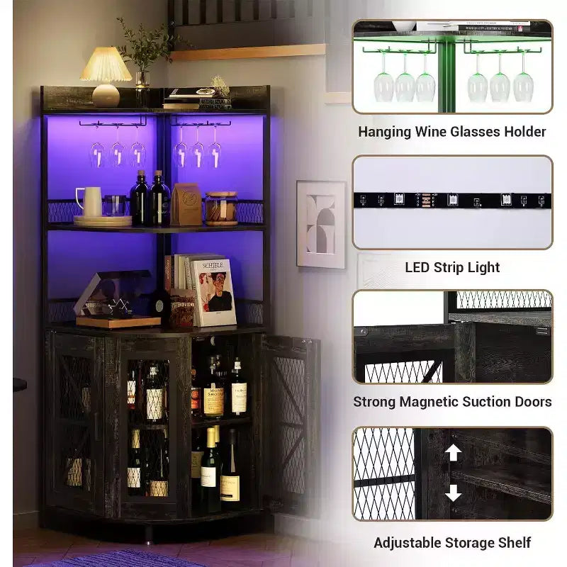 64" 5-Tier Corner Bar Cabinet with LED Strip, Power Outlet and Glass Holder