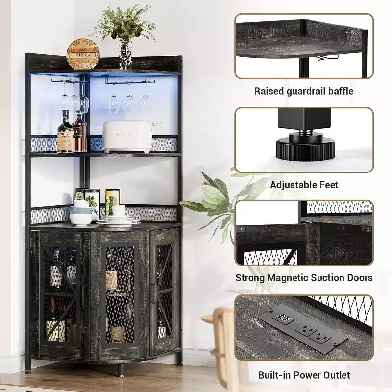 64" 5-Tier Corner Bar Cabinet with LED Strip, Power Outlet and Glass Holder