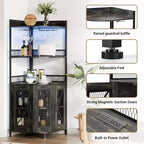 64" 5-Tier Corner Bar Cabinet with LED Strip, Power Outlet and Glass Holder