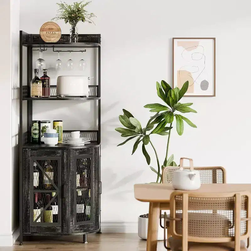 64" 5-Tier Corner Bar Cabinet with LED Strip, Power Outlet and Glass Holder