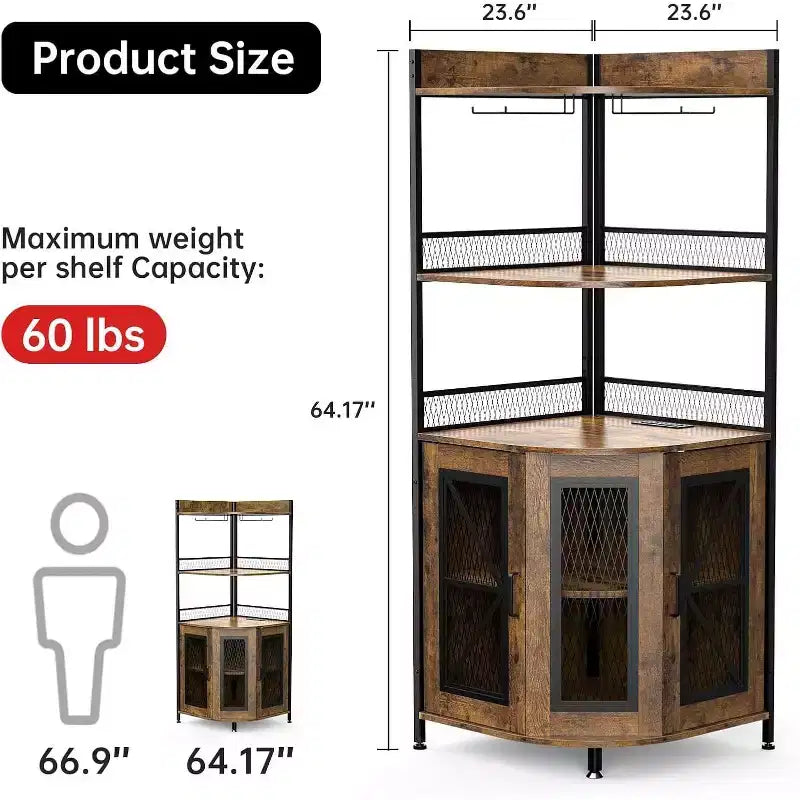 64" 5-Tier Corner Bar Cabinet with LED Strip, Power Outlet and Glass Holder