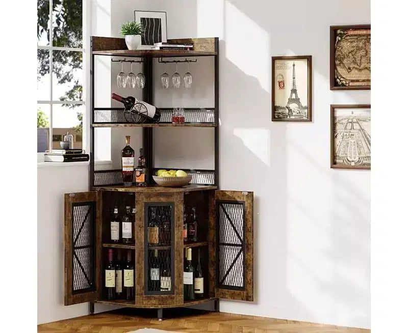 64" 5-Tier Corner Bar Cabinet with LED Strip, Power Outlet and Glass Holder