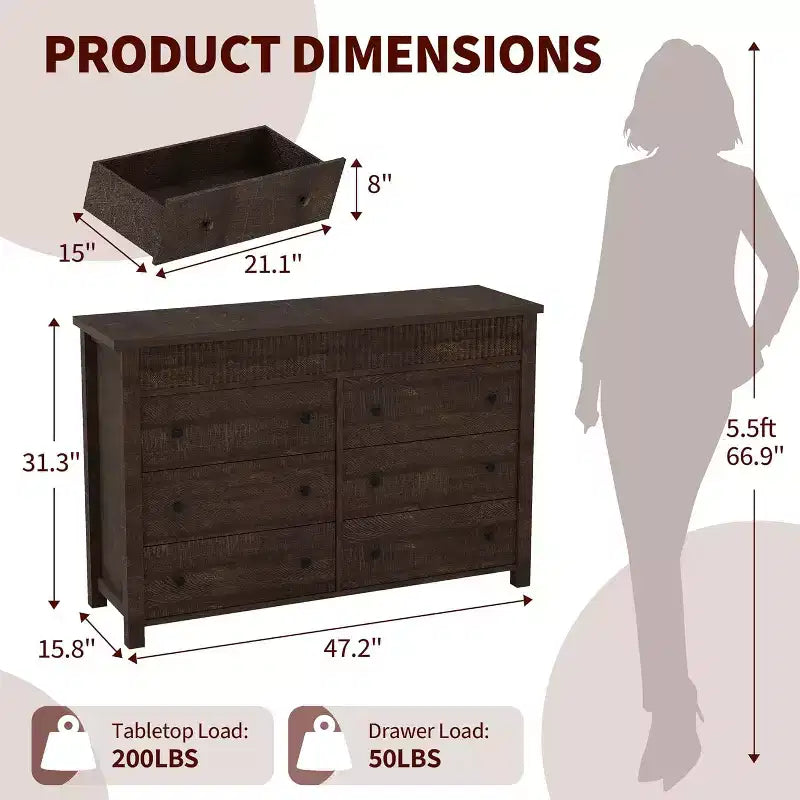 6-Drawer Dresser with Fluted Panel and Oak Finish