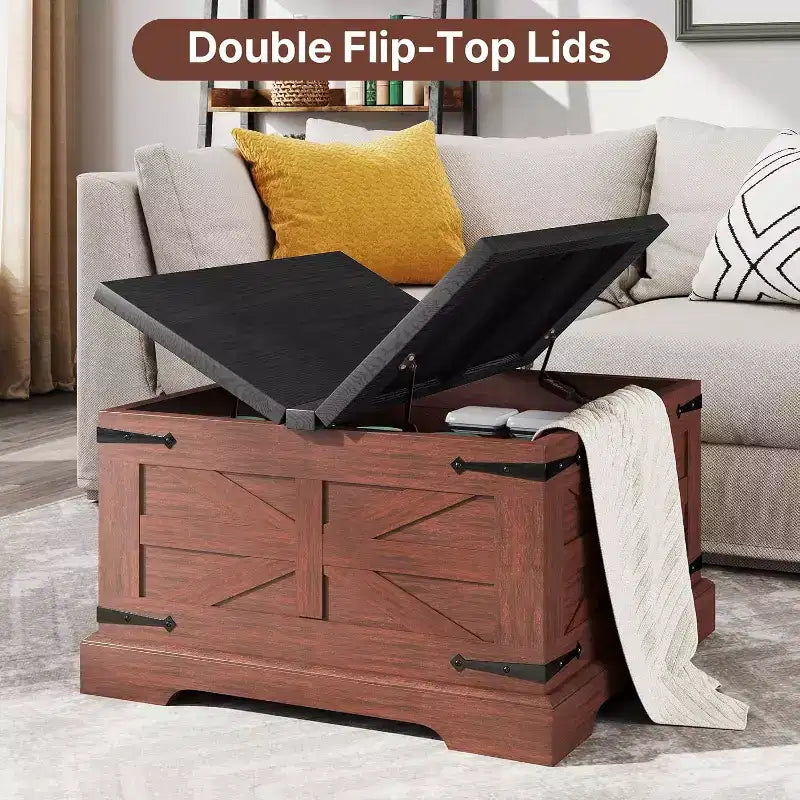 Farmhouse Square Coffee Table with Storage, 31.5" Lift-Top Wood Coffee Table with Dual Flip-Top Lids, Brown