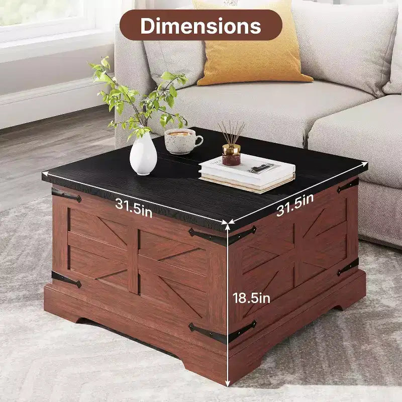 Farmhouse Square Coffee Table with Storage, 31.5" Lift-Top Wood Coffee Table with Dual Flip-Top Lids, Brown