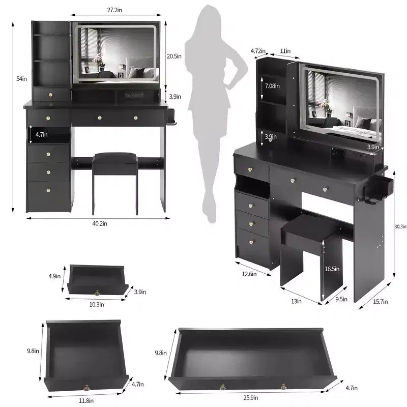 Vanity Table with Lighted Mirror, Stool and Storage Drawers