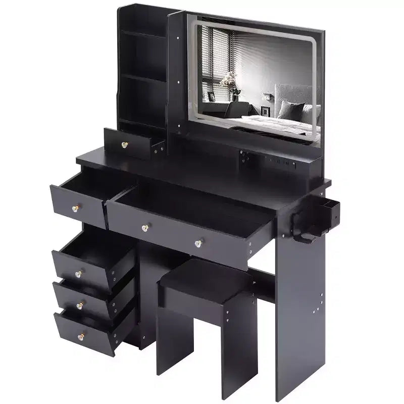 Vanity Table with Lighted Mirror, Stool and Storage Drawers