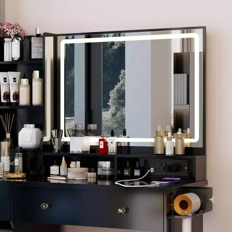 Vanity Table with Lighted Mirror, Stool and Storage Drawers