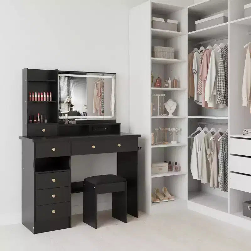 Vanity Table with Lighted Mirror, Stool and Storage Drawers