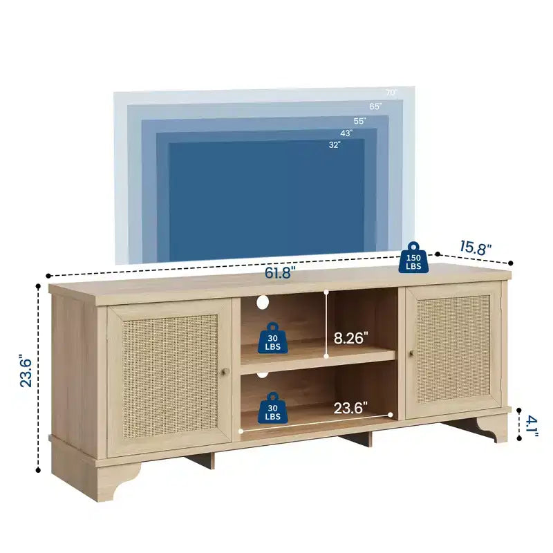 Rattan TV Stand with Cabinets and Open Shelves, Media Console Table for Living Room