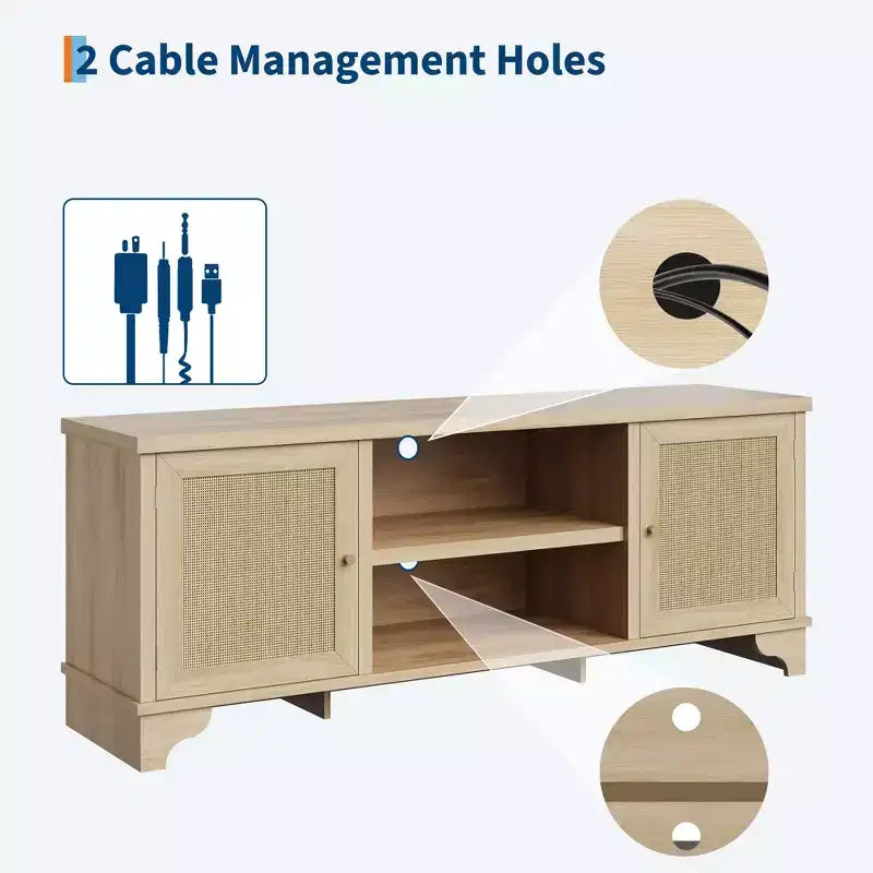 Rattan TV Stand with Cabinets and Open Shelves, Media Console Table for Living Room
