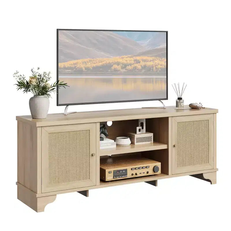 Rattan TV Stand with Cabinets and Open Shelves, Media Console Table for Living Room