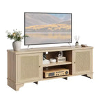 Rattan TV Stand with Cabinets and Open Shelves, Media Console Table for Living Room