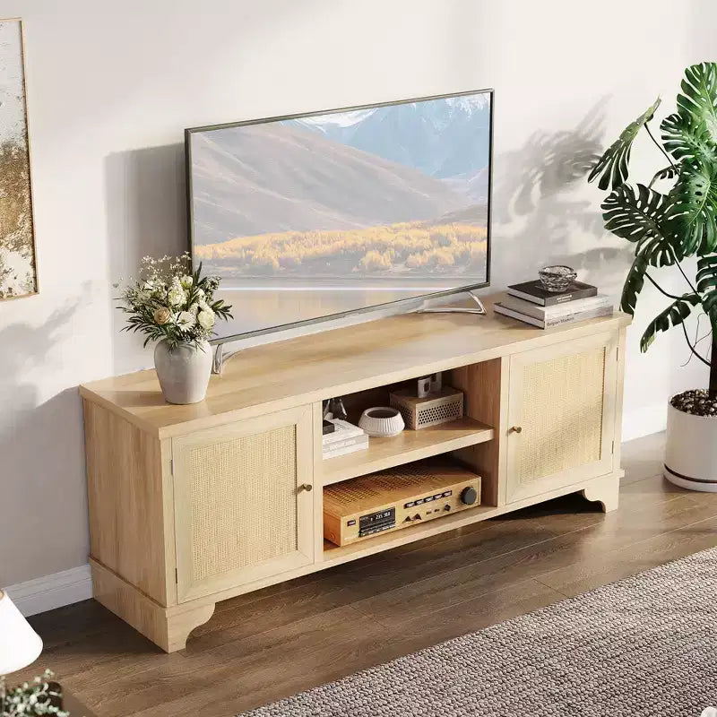 Rattan TV Stand with Cabinets and Open Shelves, Media Console Table for Living Room