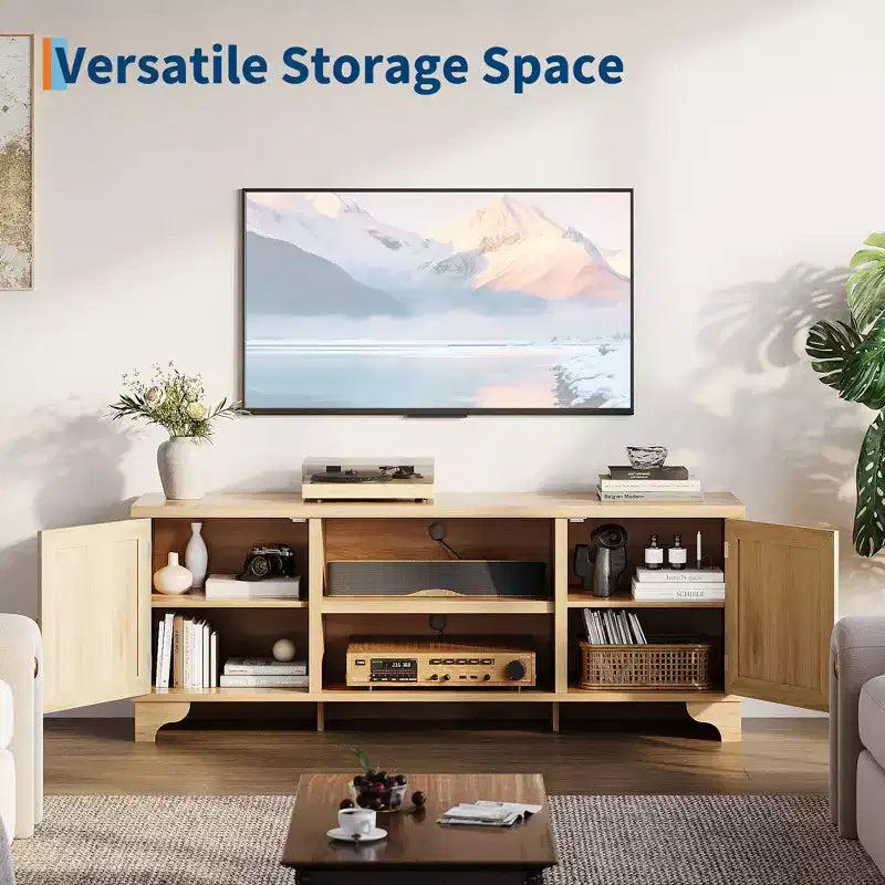 Rattan TV Stand with Cabinets and Open Shelves, Media Console Table for Living Room