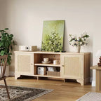 Rattan TV Stand with Cabinets and Open Shelves, Media Console Table for Living Room