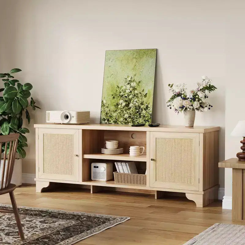 Rattan TV Stand with Cabinets and Open Shelves, Media Console Table for Living Room