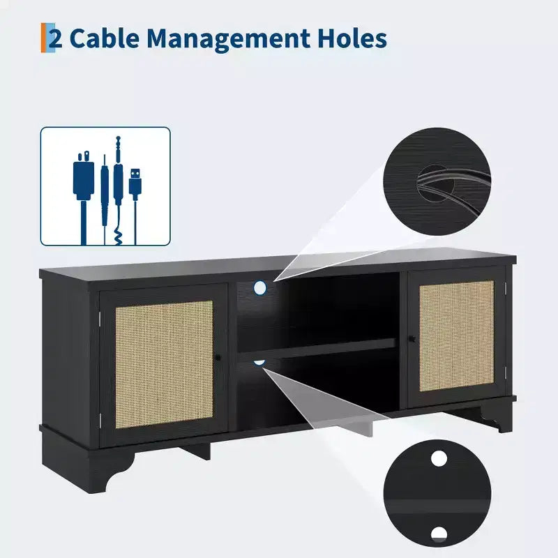 Rattan TV Stand with Cabinets and Open Shelves, Media Console Table for Living Room