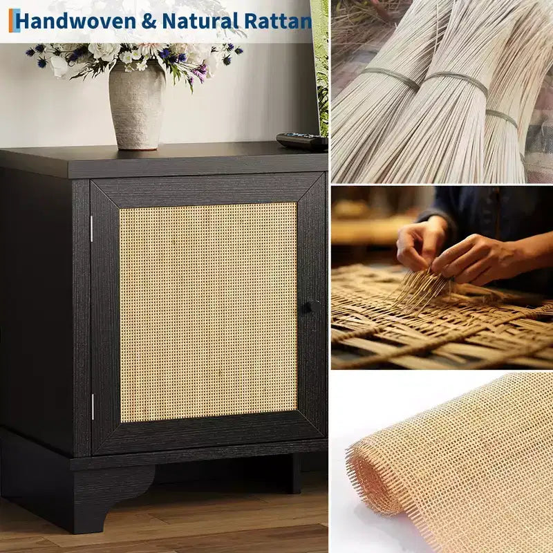 Rattan TV Stand with Cabinets and Open Shelves, Media Console Table for Living Room