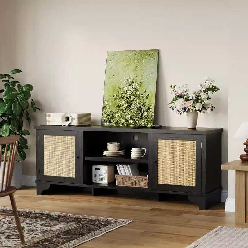 Rattan TV Stand with Cabinets and Open Shelves, Media Console Table for Living Room