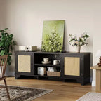 Rattan TV Stand with Cabinets and Open Shelves, Media Console Table for Living Room