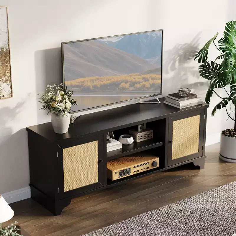Rattan TV Stand with Cabinets and Open Shelves, Media Console Table for Living Room