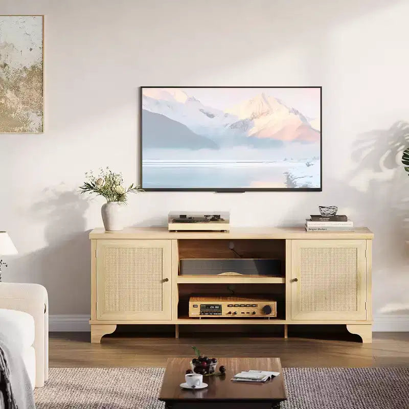 Rattan TV Stand with Cabinets and Open Shelves, Media Console Table for Living Room