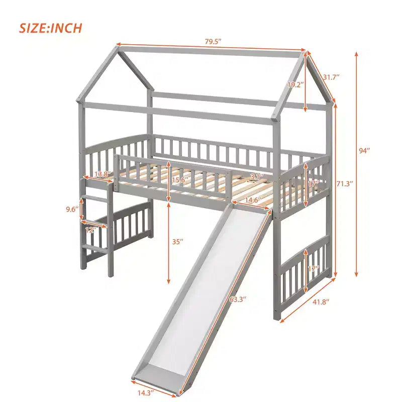Twin Loft Bed with Slide and Ladder – House-Style Kids Bed, Gray