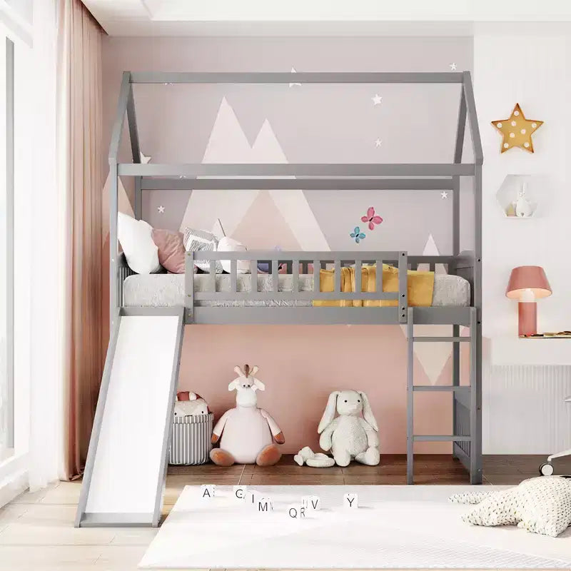 Twin Loft Bed with Slide and Ladder – House-Style Kids Bed, Gray
