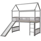 Twin Loft Bed with Slide and Ladder – House-Style Kids Bed, Gray