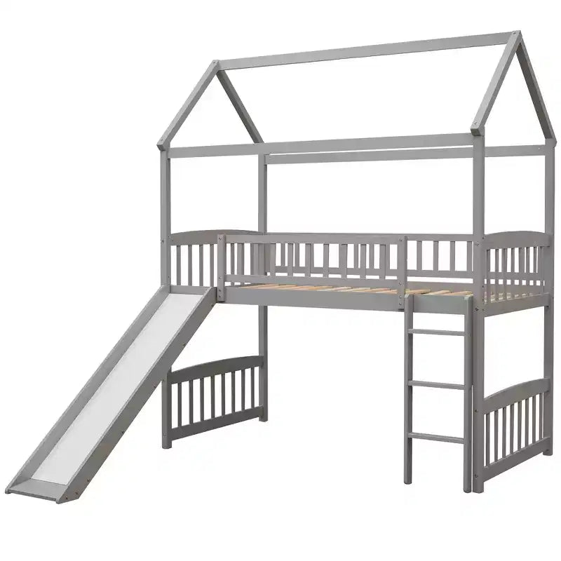 Twin Loft Bed with Slide and Ladder – House-Style Kids Bed, Gray