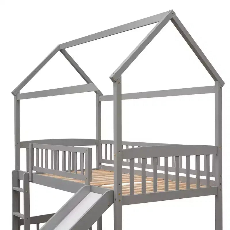 Twin Loft Bed with Slide and Ladder – House-Style Kids Bed, Gray