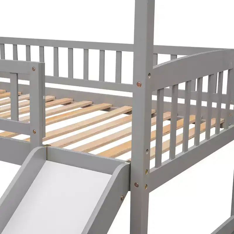 Twin Loft Bed with Slide and Ladder – House-Style Kids Bed, Gray