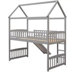 Twin Loft Bed with Slide and Ladder – House-Style Kids Bed, Gray