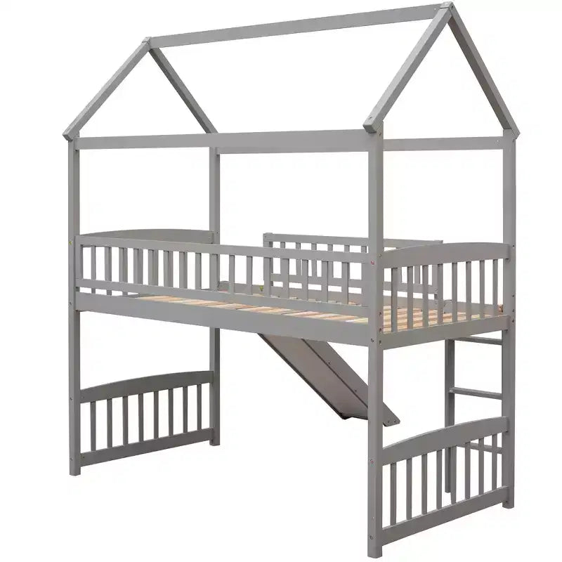 Twin Loft Bed with Slide and Ladder – House-Style Kids Bed, Gray